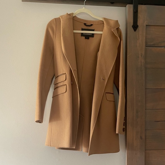 Luxury tan jacket with hood and elbow patches; worn once; size XS - Picture 7 of 9